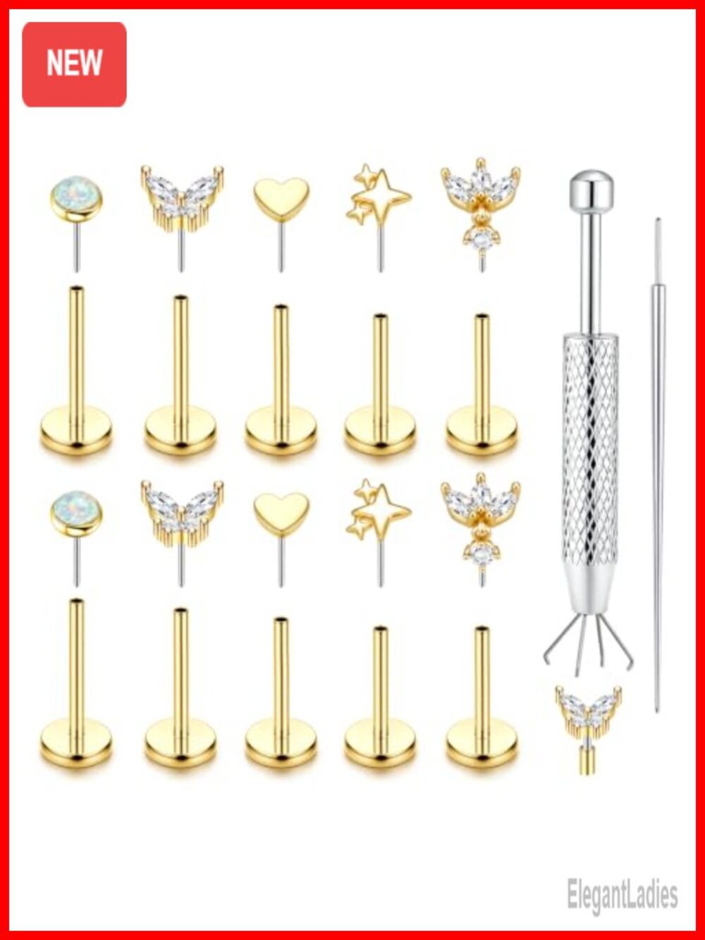 Hypoallergenic 14K Gold Plated Surgical Steel Flat Back Stud Earrings Set